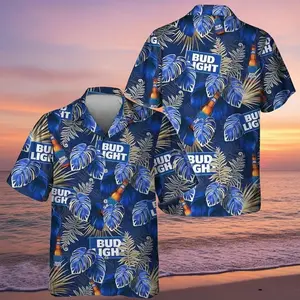 Bud Light Palm Leaves Art Hawaiian Shirt, Mens Vacation Button Up, Coastal Summer Outfit, Beer Lover Shirt, Weekend Party Wear