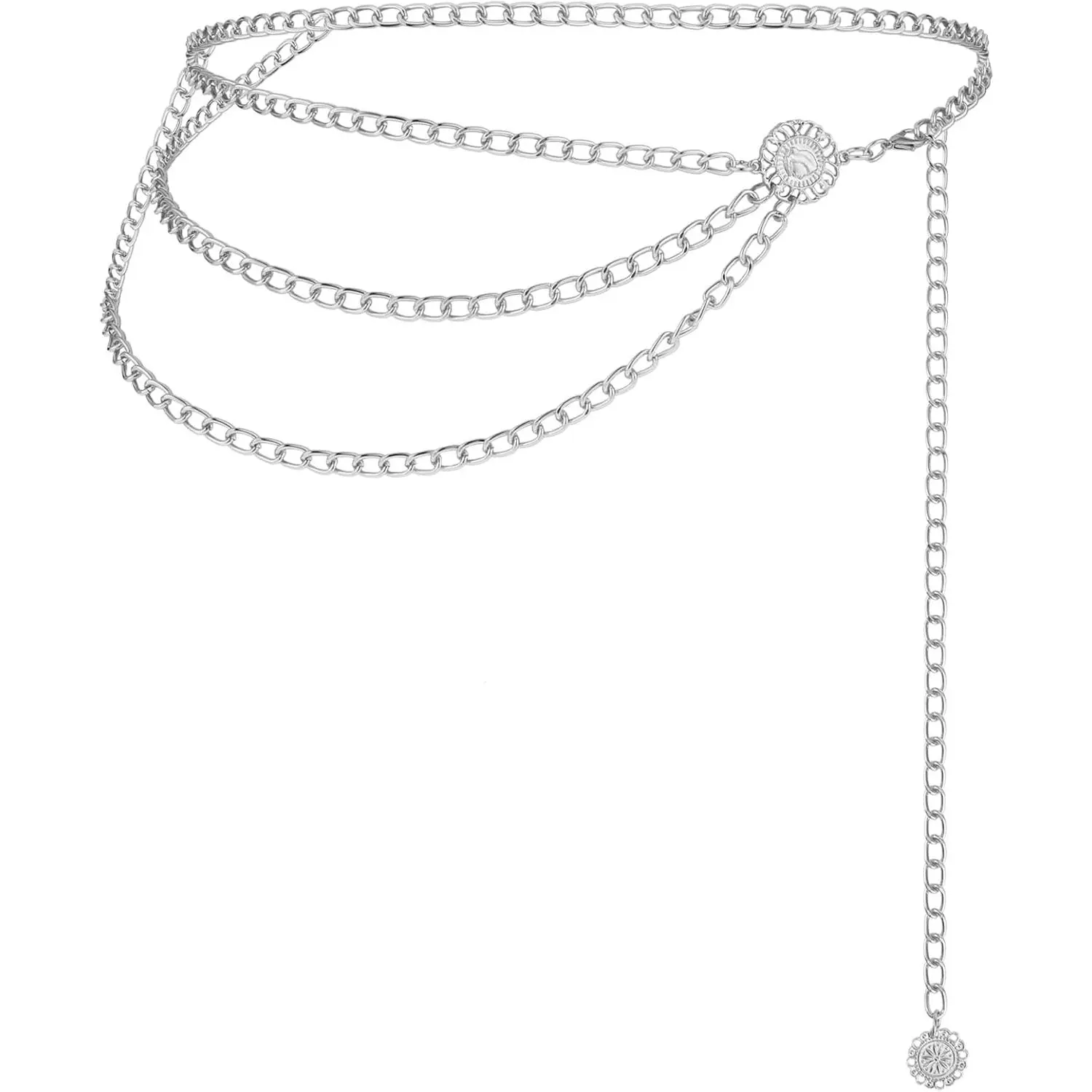 Multilayer Metal Waist Chain, Women Dress Belt Silver Chain Belt Cute Belts for Women Adjustable Women Long Belt