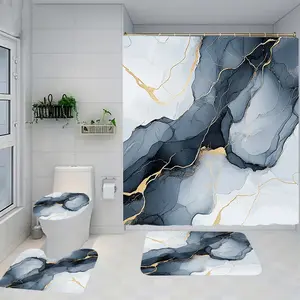 Blue Marble Pattern Bathroom Set, Includes Shower Curtain and Rug, Non-Slip Bath Mat, U-Shaped Toilet Lid Cover, Casual Style, Bathroom Decoration Accessories, Shower Curtain Sets