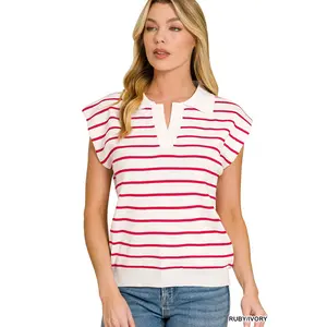 Chaleco de suéter Zenana de viscosa con rayas y cuello tipo polo