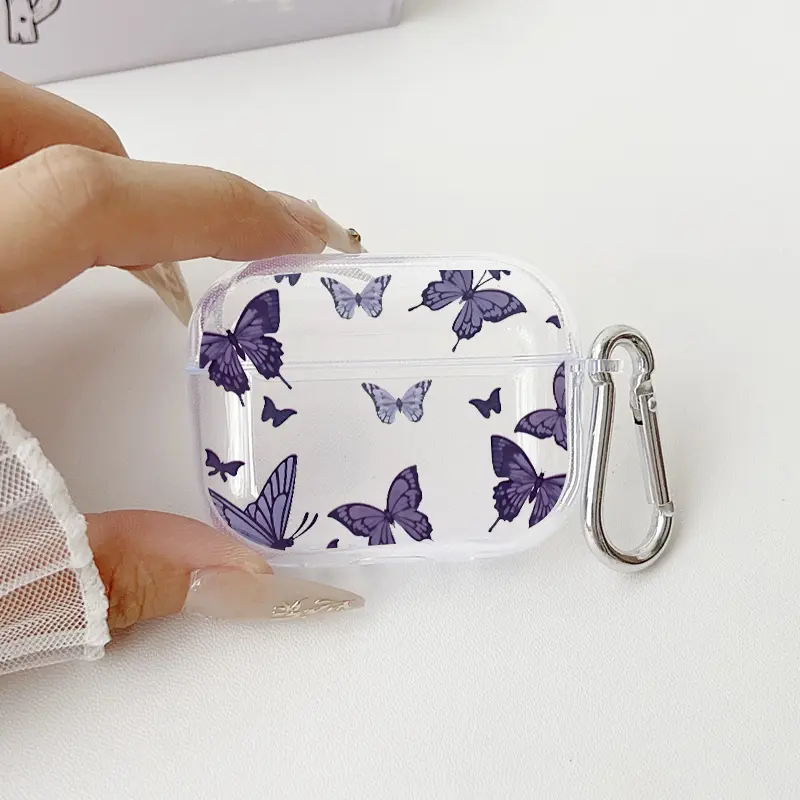 Butterfly Reverie Pattern Protective Case for AirPods 4/3/2/1/Pro/Pro2 Soft TPU Earphone Cover, Transparent with Keychain
