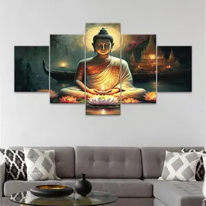 5 Counts Unframed Canvas Poster, Unframed Painting, Meditating Buddha Lotus Candlelight Temple, Exquisite Poster, Living Room Decoration, Modern Art, Wall Art Decoration, Odorless, Waterproof, Artwork