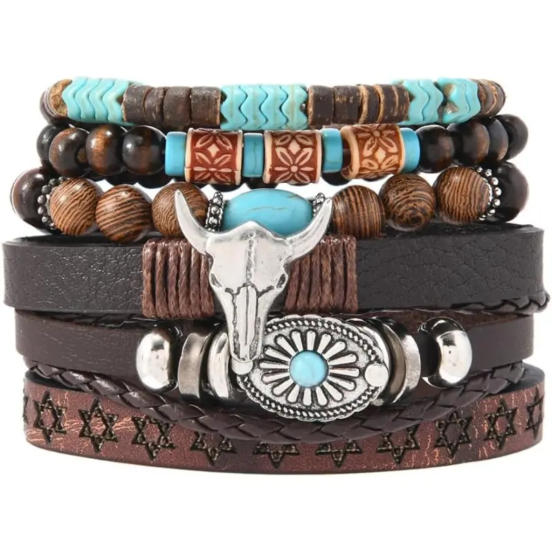 Women's Cowboy Turquoise Accent Round Beads Bracelets & Bangles - Adjustable Leather-Alloy Casual Boho Costume Jewelry, Country Concert Accessories, Turquoise Accent Bracelets & Bangles, Cowboy Bracelets & Bangles