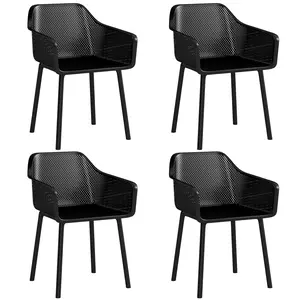 COSTWAY - Modern Plastic Dining Chairs Set of 4 Kitchen Armchairs with Breathable Mesh Backrest-Black