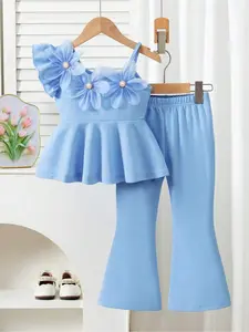 Elladie kids Young Girls 2pcs Set: Sleeveless Top With 3D Floral & Pearl Decor + Flare Pants, Suitable For Party, Holiday, Spring/Summer Girls Blue Elegant Pant Set Girl Blue Two Piece Outfits Summer Clothing Set Summer Clothes Set