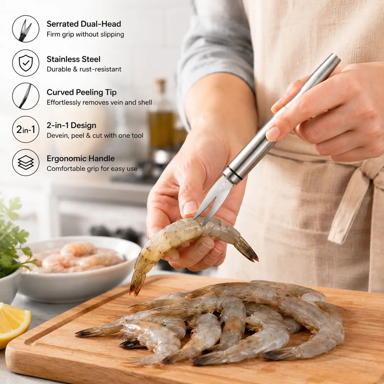 1 Count, 2-in-1 Stainless Steel Shrimp Deveiner Tool, Dual Serrated Head, for Home Kitchen Shrimp Peeling and Seafood Preparation
