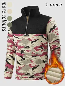 Men's Winter Fleece Lined Hoodie, Stand Collar Half-Zip Pullover, Camo Patchwork, Multiple Colors Available, Casual Fashion Outerwear
