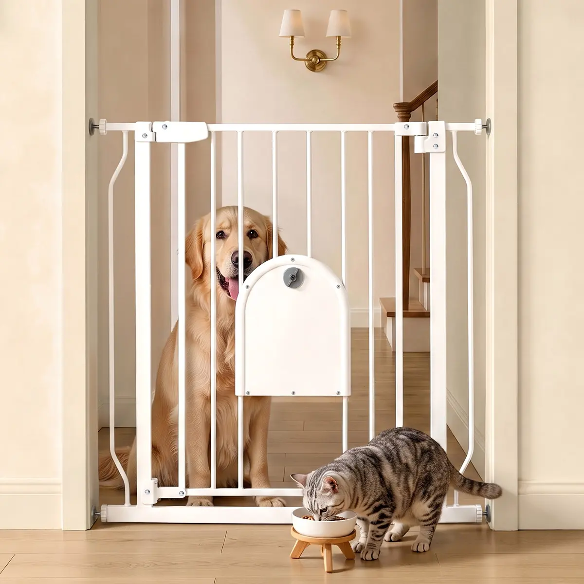 CAVEEN 29.5-33.4" Pet Gate with Adjustable Cat Door, Extra Wide Metal Cat Gate for Stairs Doorways, Auto Close Dog Gate with Pet Door for House, Pressure Mounted Easy Walk Through, (30" Tall, White)
