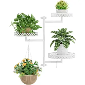 Rotating Window  Shelves - Indoor Wall  Stand 3-Tier Floral Metal Window Shelf Holder for Multiple  with  Hooks  Decor White