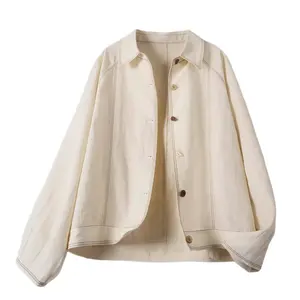 2025 Summer New Style Lapel Color Button Topstitching Thin Slimming Short Jacket for Women Cream Color