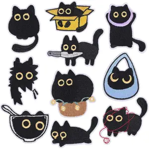 10pcs Black Cat Iron On Patches, Cute Cartoon Cat Embroidered Applique Patches, Sew On/Iron on Applique Embroidered Patches for Clothing Hats, Backpacks, Shirt, Shoes