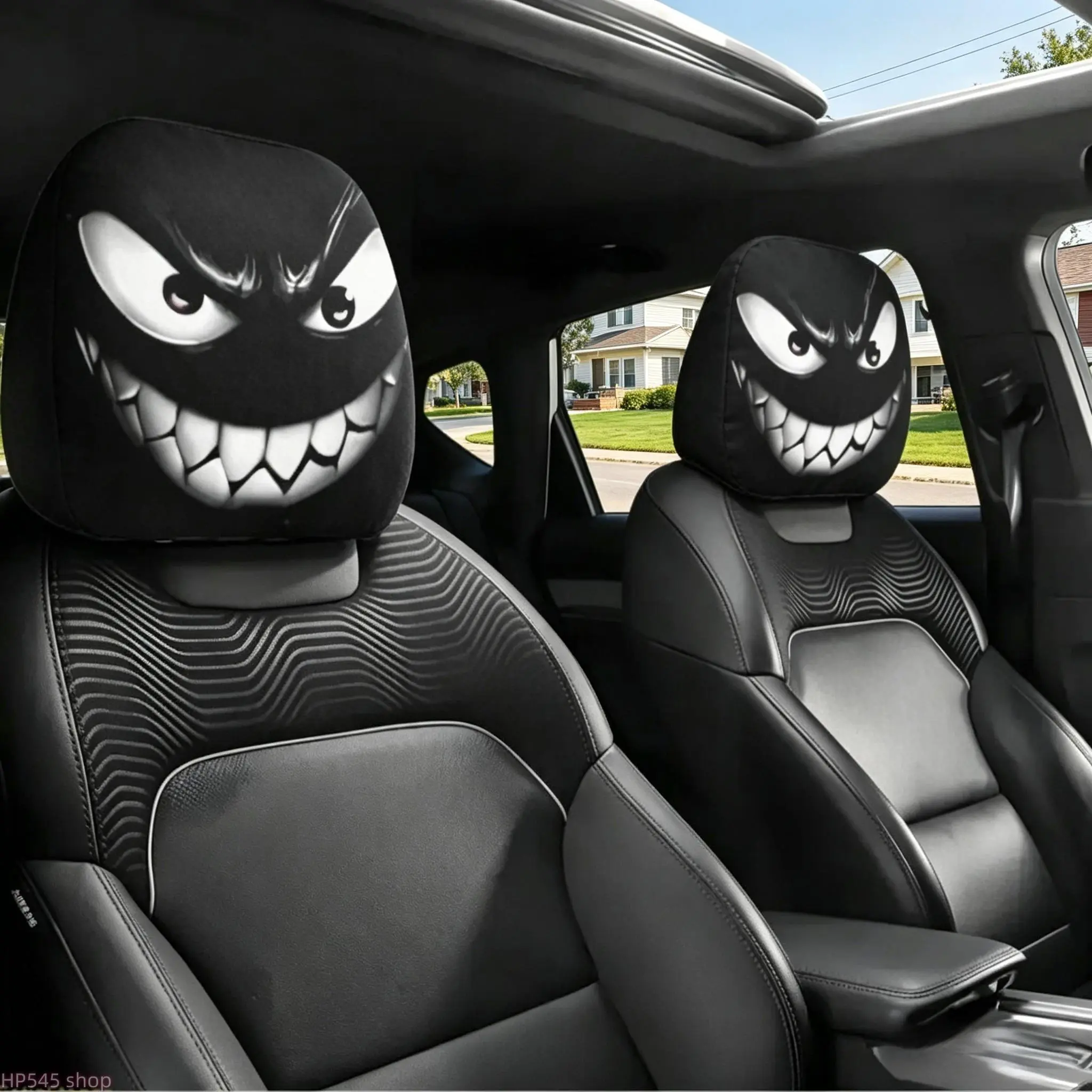 2-Pack Spooky Cartoon Monster Car Headrest Covers, Evil Grinning Face Design, Universal Fit Washable Black Auto Protectors for Automotive Decoration