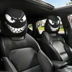 2 Pcs Dark Cartoon Evil Grinning Face Car Headrest Covers - Scary Sharp Teeth Monster Style Auto Protectors, Universal Washable Black Car Accessories for Modified Vehicles
