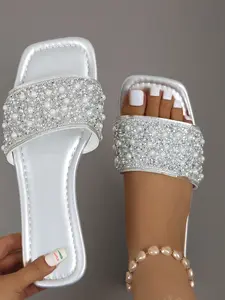 2026 Pearl Rhinestone Wide Strap Flat Sandals, Comfortable Non-Slip Sole, Elegant Design for Office, Shopping, Vacation, Spring Summer Essential
