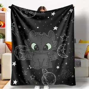 Toothless Flannel Blanket “How to Train Your Dragon” print — cozy, soft, lightweight, warm; suitable for couch/sofa, bed, bedroom, camping, travel; ideal holiday gift