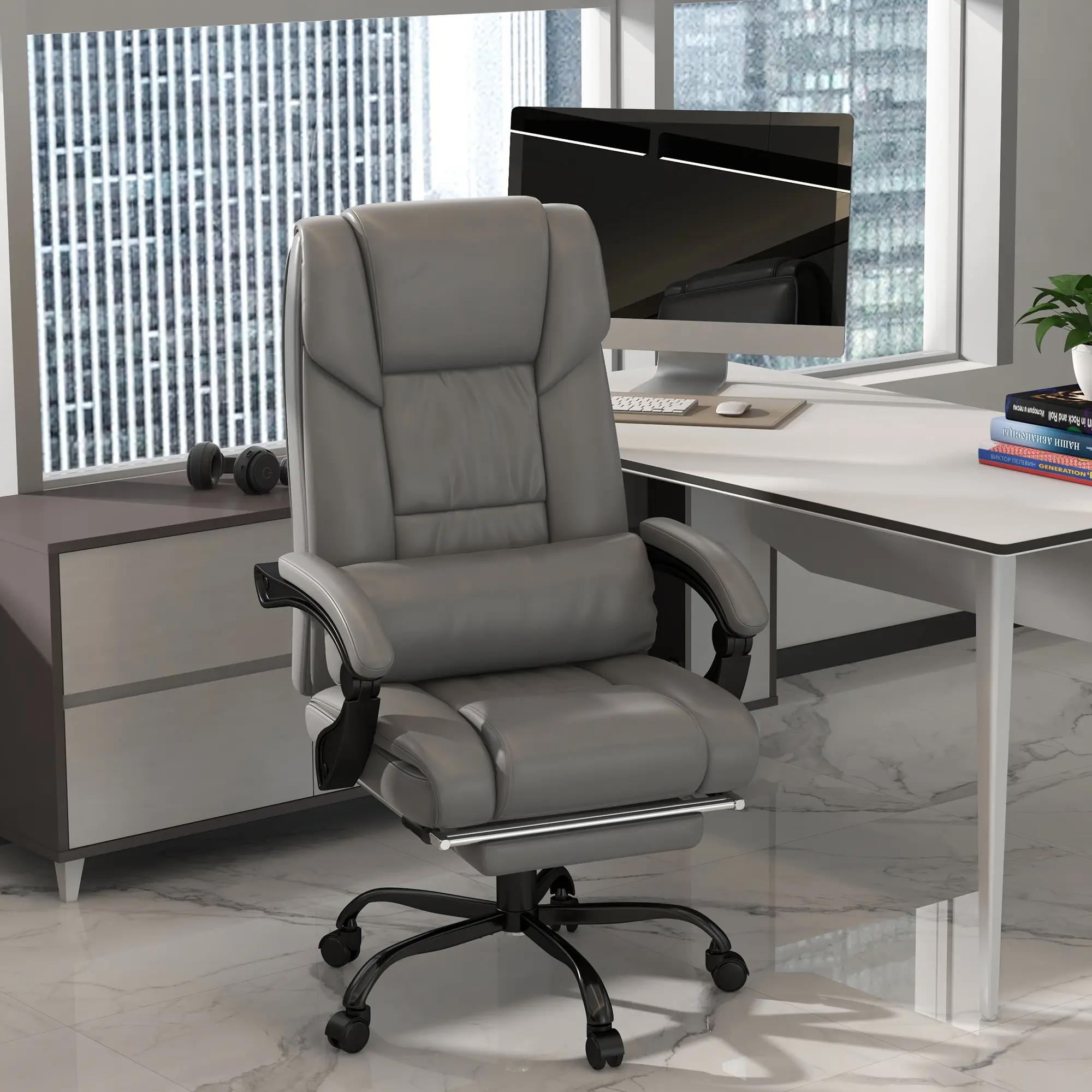 High Back Reclining Massage Commercial Desk Chair with 6 Vibrating Points, Footrest, Remote Control, Gray Office Furniture Chair