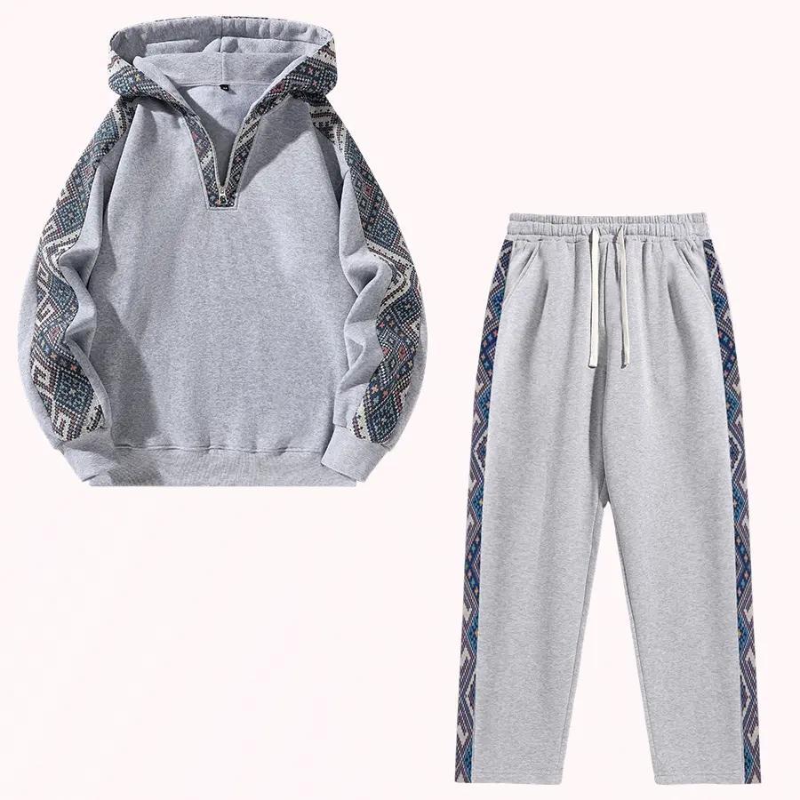 Men's Casual Long Sleeve Menswear Sweatshirt Set - Half-Zip, Ethnic-Inspired, Simple, Plain, Stylish, Regular-Fit, Versatile for Everyday Wear in Spring, Autumn, Winter