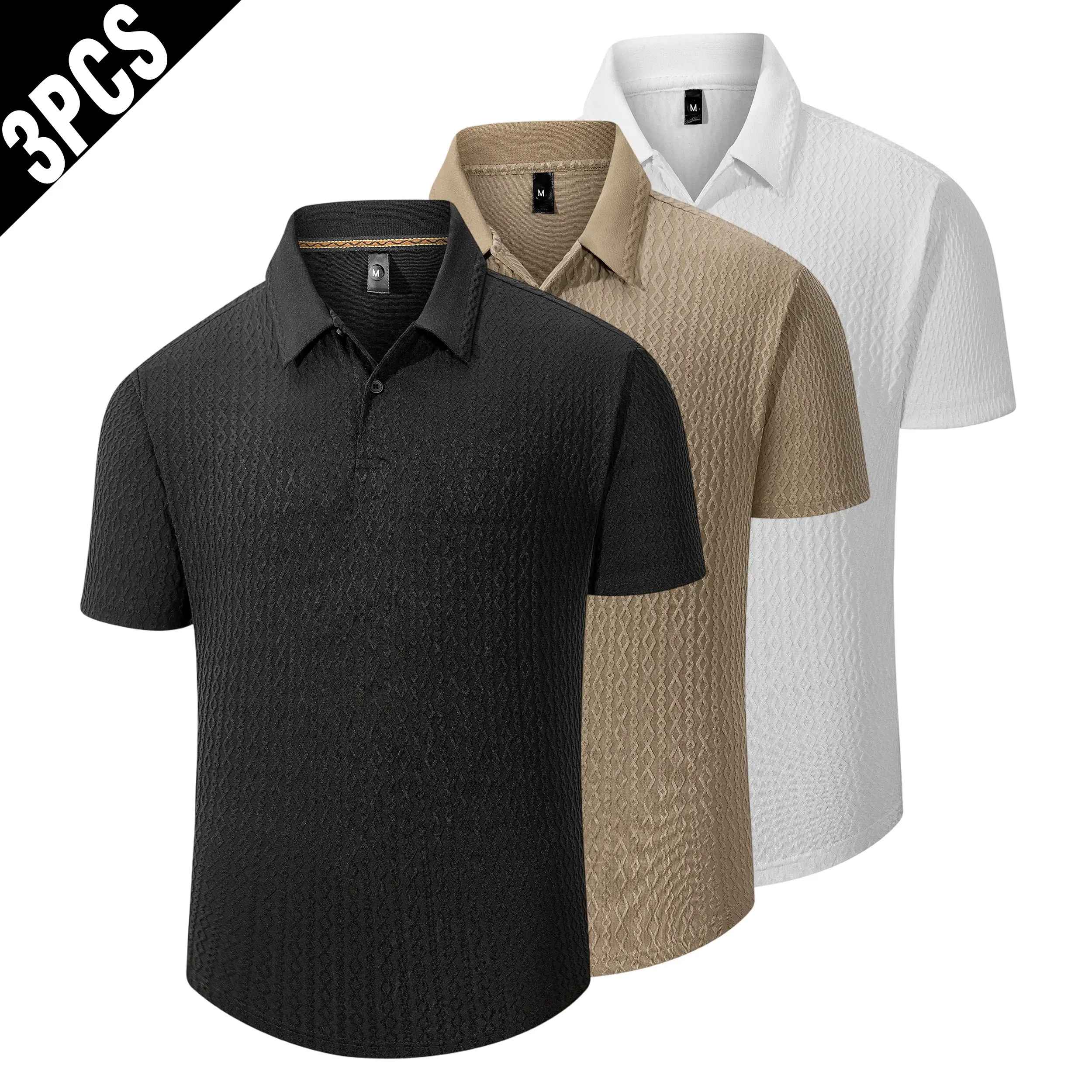 Men's 3-Pack Diamond Jacquard Textured Polo Shirts - Menswear Short-Sleeve Top, Lightweight Breathable Half-Button Collared, Regular Fit, Multi-Size Summer Golf Casual Tees Multipack