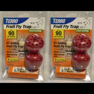 TERRO Indoor Fruit Fly Trap 2x (2-Pack) 4 Traps total with Built-In Window Sinks Fast Acting Liquid Bait Apple Shaped Design Non-Staining Lure Up to 90 Day Supply Ready-to-use Non-staining Lure Attractive Apple-shaped Trap for Kitchen Use