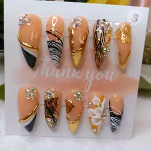 Curve Stiletto Nails - Thank You Design with Gold Accents, Includes Various Patterns and Colors