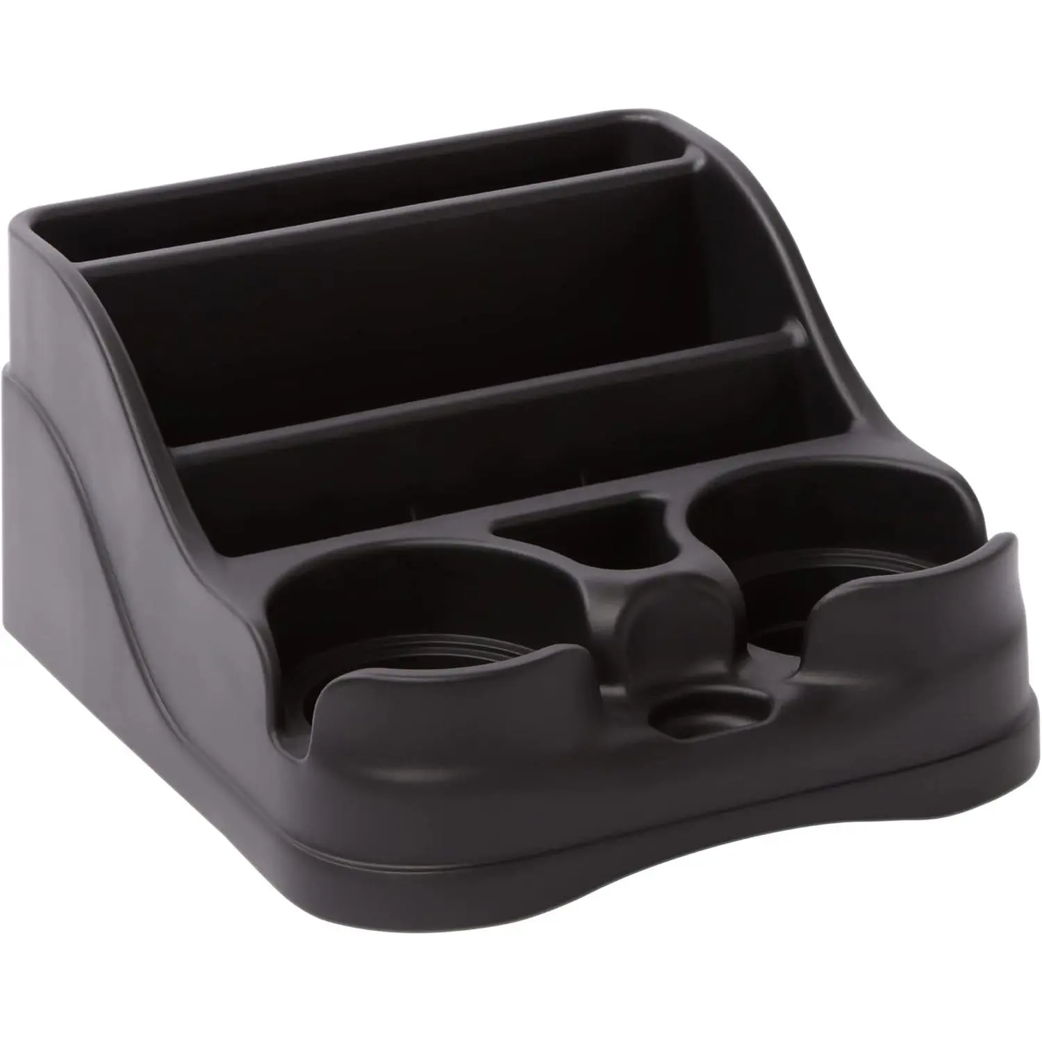 Small Car Center Console Organizer - Plastic Vehicle Storage Organizer with 2 Cup Holders, Rear Mounting Slots, Fits in Seat or on Floor, Made in USA (Black)