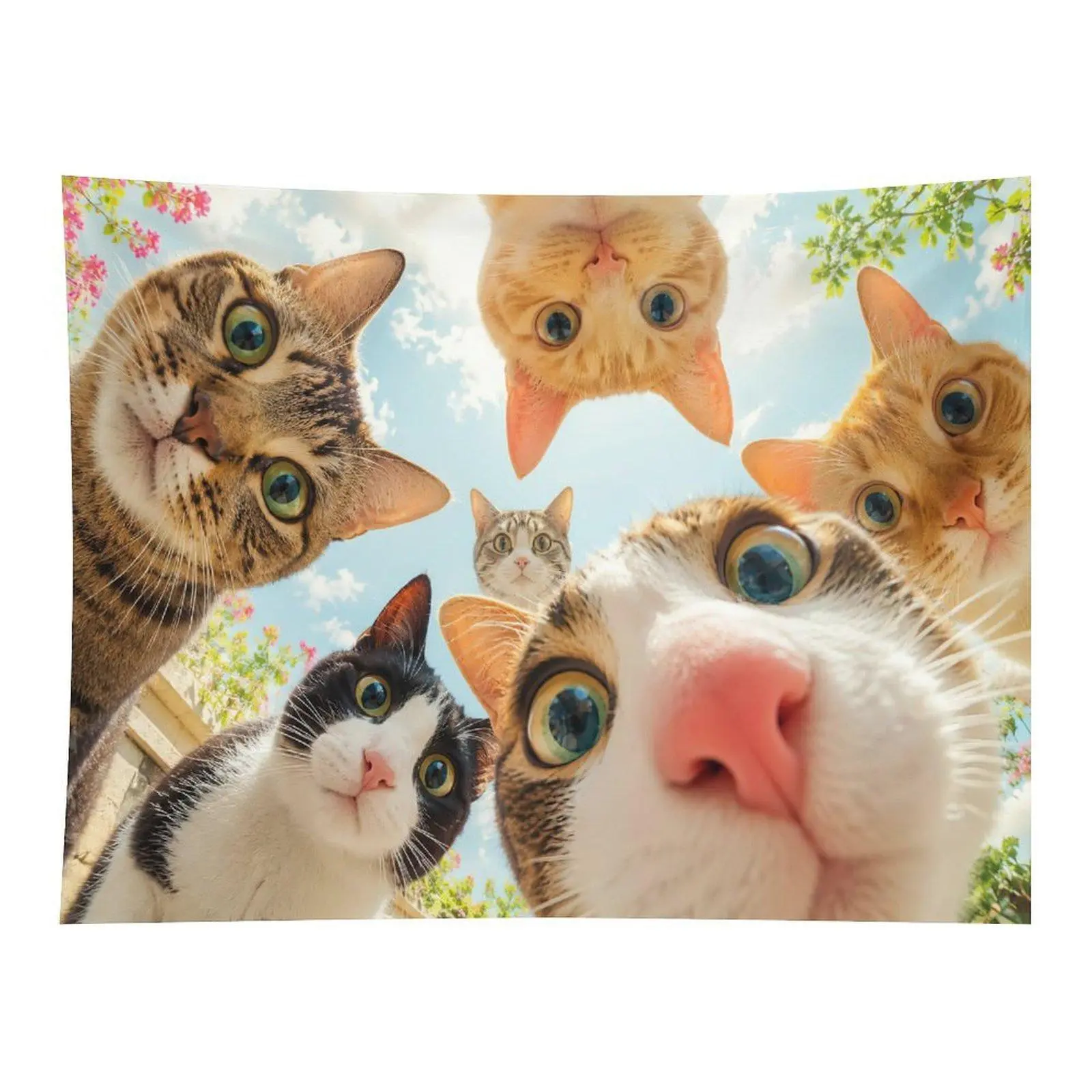 Funny Cats Selfie Tapestry Cute Cat Face Wall Hanging, Kawaii Pet Photo Tapestry for Bedroom Dorm Decor