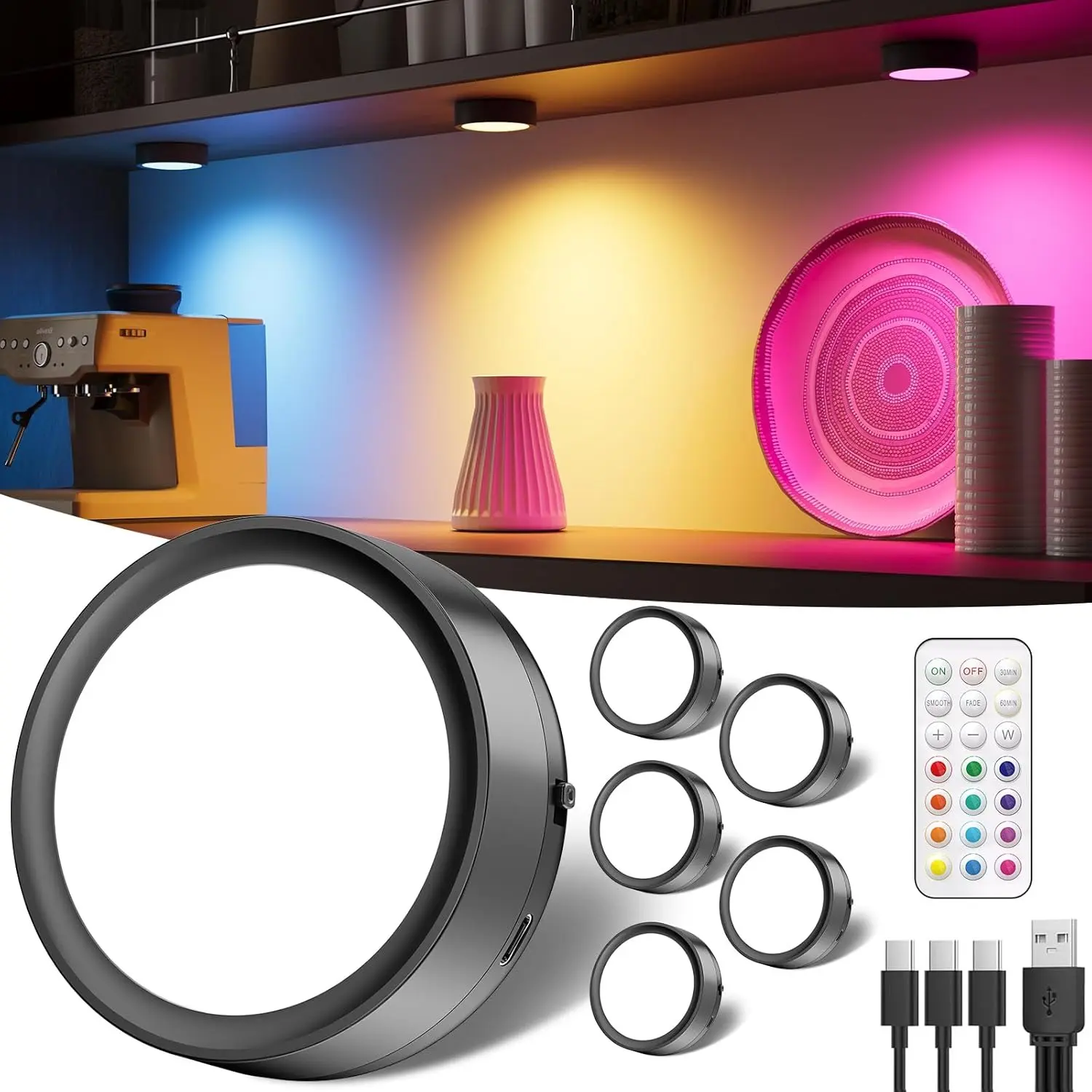 RGB Rechargeable Puck Lights with Remote, 2400mAh Battery Wireless LED Under Cabinet Lighting, Stick On Tap Lights for Kitchen, Closet, Shelf, Display, Wardrobe, Magnetic Colour Changing Spotlight, Simple Modern Home Decor Lighting Black,No Drill Lamp