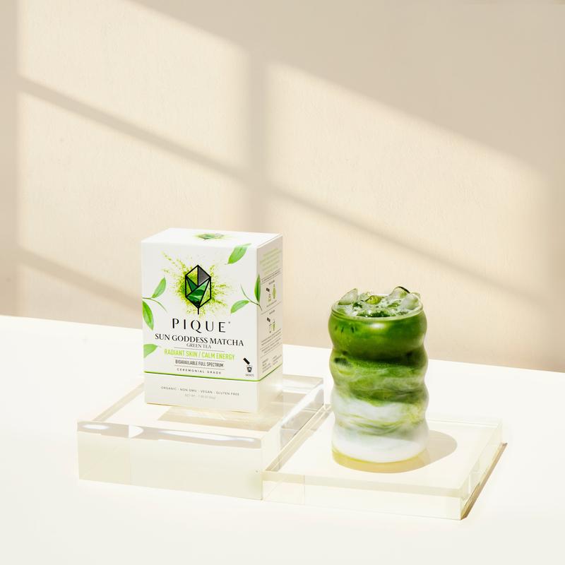 Pique Life Sun Goddess Matcha - Radiant Skin & Energy, Ceremonial Grade, Organic, Non-GMO, Vegan, Gluten Free, Hand-Harvested Spring Leaves (28 servings per carton, 56g total)