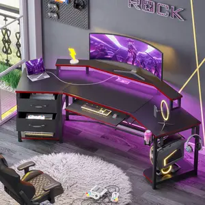 Sikaic 79 Inches Wing Shaped Gaming Desk with 2 Drawers Black Red Monitor Riser Dual Monitor Mount RGB LED Light Strips & Cup Holder Adjustable Ergonomic Chair