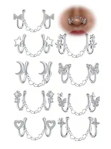 3 Pcs U-Shaped Nose Clip Cz Butterfly Heart Design, Stainless Steel Chain, Non-Piercing Nose Ring Jewelry Nose Cuff for Women, All Seasons Wear