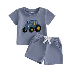 Canrulo Toddler Baby Boys Summer Clothes 6 12 18 24 Month 2T 3T 4T Outfits Tractor Embroidery Tshirt Waffle Knit Shorts Set