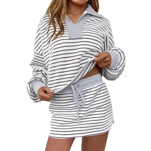 Striped two-piece casual sweatshirt and skirt set, long-sleeved top and short skirt sports set, women's matching casual outfit, elastic fabric, elegant shorts.