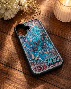 Custom Butterfly Resin Phone Cases  Handcrafted with glossy UV resin, crystal rhinestone borders, and personalized initials