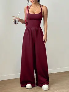 Three Colors Wine Backless Cross Strap Wide Leg Jumpsuit, Casual Slimming Fit Long Pants for All Seasons