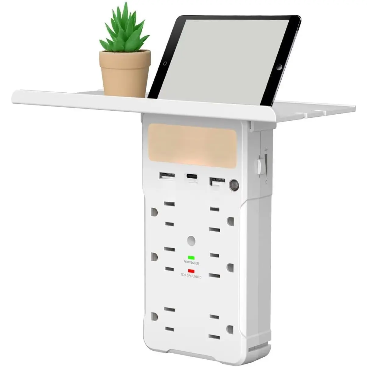 Surge Protector Multi-Plug Outlet, Wall Outlet Extender with Night Light and Shelf, Power Socket Expander, (2A+1C) USB Wall Charger Power Strip Electric Outlet for Home & Office (White)
