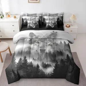 Misty Mountain Trees 7 Pieces Bedding Set,Jungle Wolf Print Bed in a Bag,Black Pine Trees Bed Set,Includes Comforter,Sheet Set,Pillowcases & Pillow Covers,Natural Scenery Bedroom Decor