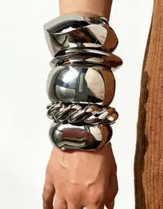 Exaggerated Wide Geometric Bracelets Sliver Color Asymmetrical Chunky Jewelry Autumn Winter Stacking Wear Fashionable Punk Spring Open Bangle For Women Men