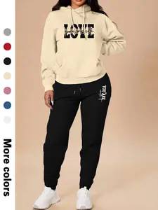 Women's Casual Hooded Sweatshirt Set, Sweatsuit Set Outfit with Pockets, Long Sleeve Letter Print Top & Pants, Fall Winter Fitted Sportswear with Pockets