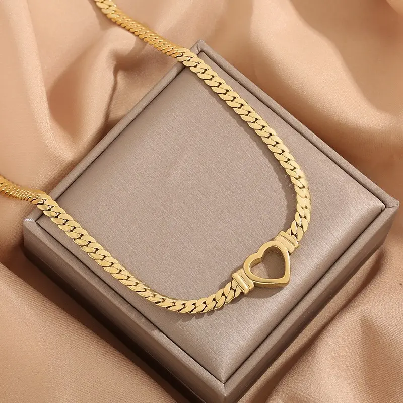 Love Heart Necklace for Women in Titanium Steel, Cuban Link Clavicle Chain, Hypoallergenic Polished Finish Jewelry Gift