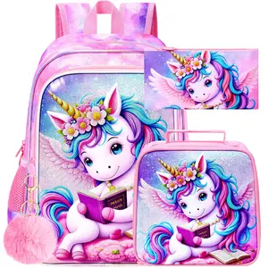 3PCS Girls Unicorn Bookbag Set, 16" Kids Backpack with Lunch Box, Water-Resistant School Bag for Elementary, Preschool & Toddler - Relaxed Reading Unicorn Pink