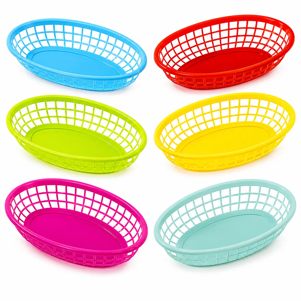 6 Pack Reusable Plastic Colourful Food Baskets for Hotdogs, Burgers, Fries, Sweets, Crisps, Snacks | Movie Nights, Kids Birthday Party Picnics, Tropical BBQ, Summer Garden Festival