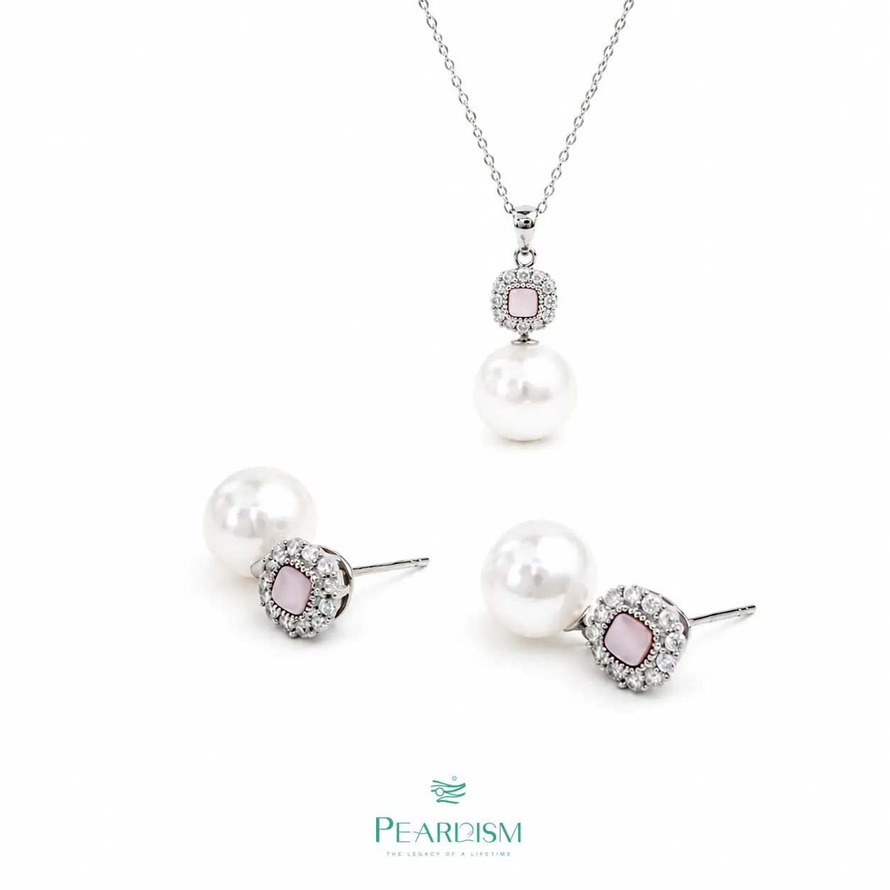 PEARLISM Elegant Edison Pearl Jewelry Set | 10-11mm Pendant + 9-10mm Earrings Silver-Toned Crystal Accented Gift for Her-PSAFES009