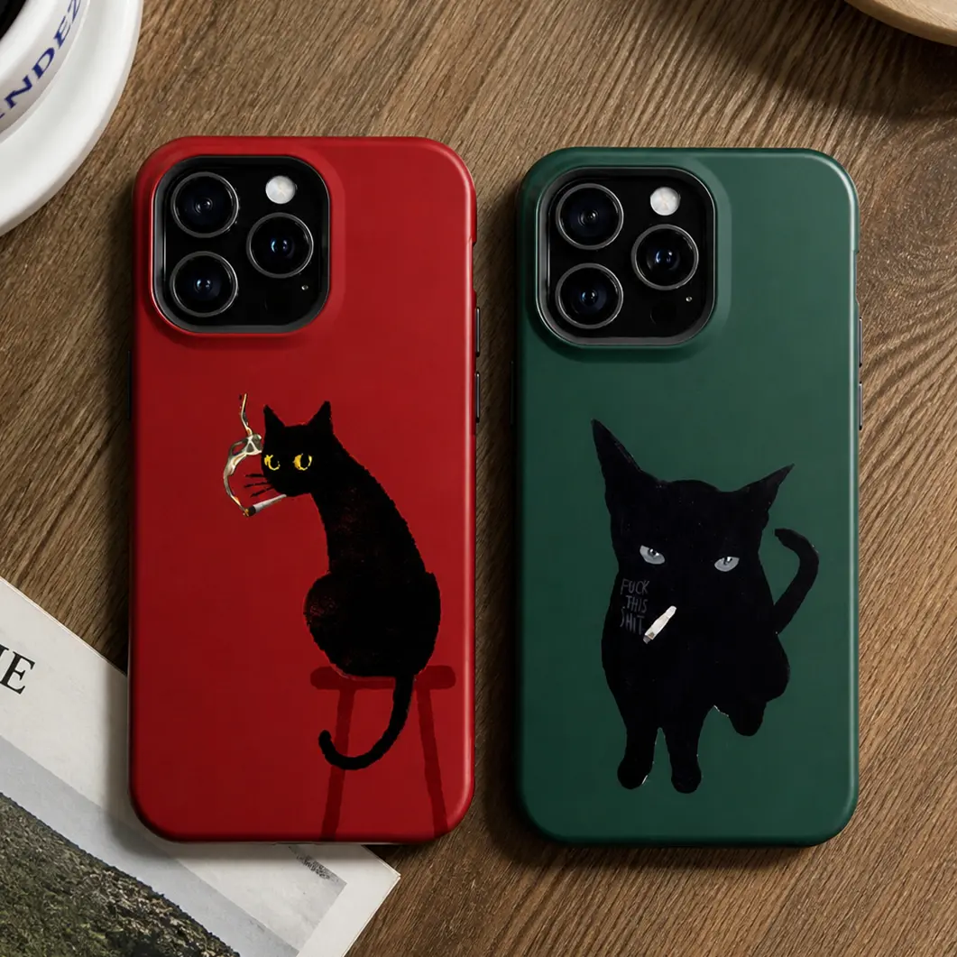 Vintage Black Cat Smoking Night Vibes Phone Case - Shockproof, Durable, Wireless-Friendly Polycarbonate TPU Cover with Protection - Multi-Model for iPhone 17-11 Pro Max/X/XS, Galaxy S26-S22 Ultra - Phone Accessories for Everyday Users