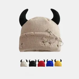 2026 New Unisex Knitted Beanie With Devil Horns Halloween Distressed Skull Cap Hip Hop Winter Warm Yarn Hat For Men Women