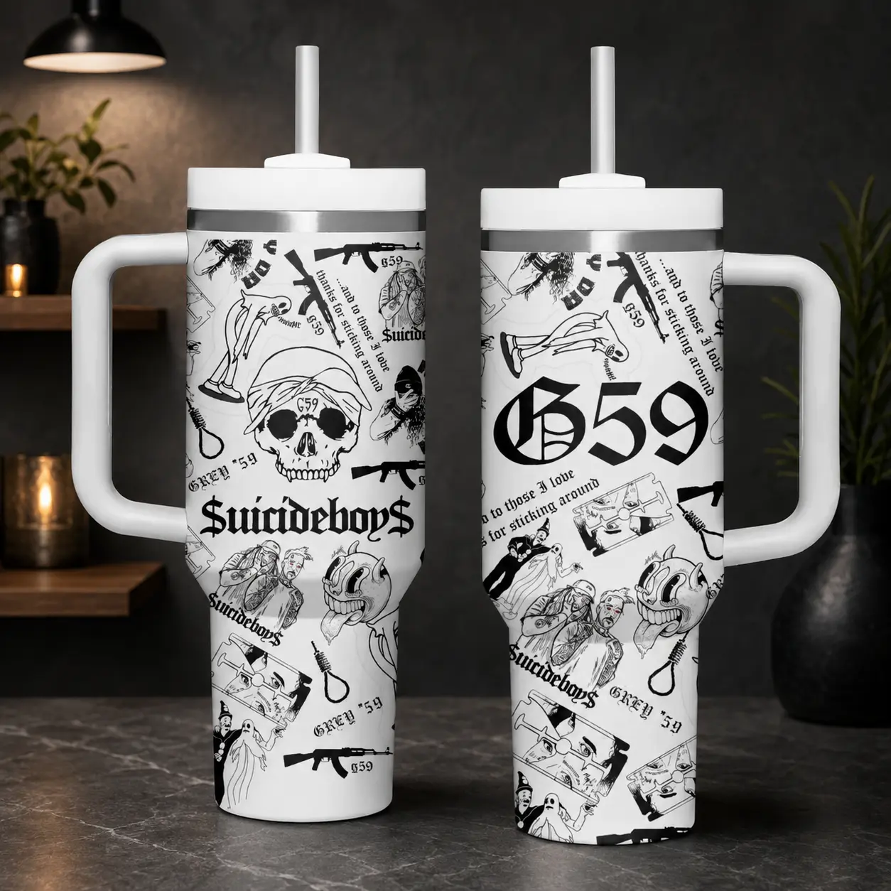 $uicideboy$ G59 40oz Tumbler with Handle & Straw, Grey Five Nine Underground Rap Insulated Cup, Skull Punk Hip Hop Travel Mug, Dark Rap Music Fan Gift for Collectors