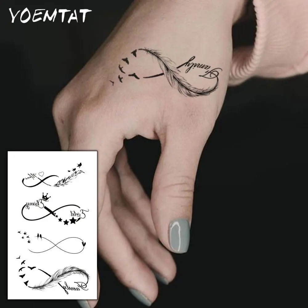Waterproof Temporary Tattoo Sticker Black Simple Circle Lines Swallow Bird Feather Crown Love Text Body Art Arm Fake Tattoos Sleeve For Women Men Neck Wrist Tattoos Stickers