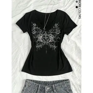 Women's butterfly heart-shaped printed V-neck casual short sleeved T-shirt, retro street style, fits well, suitable for all seasonsRAIMENTRY