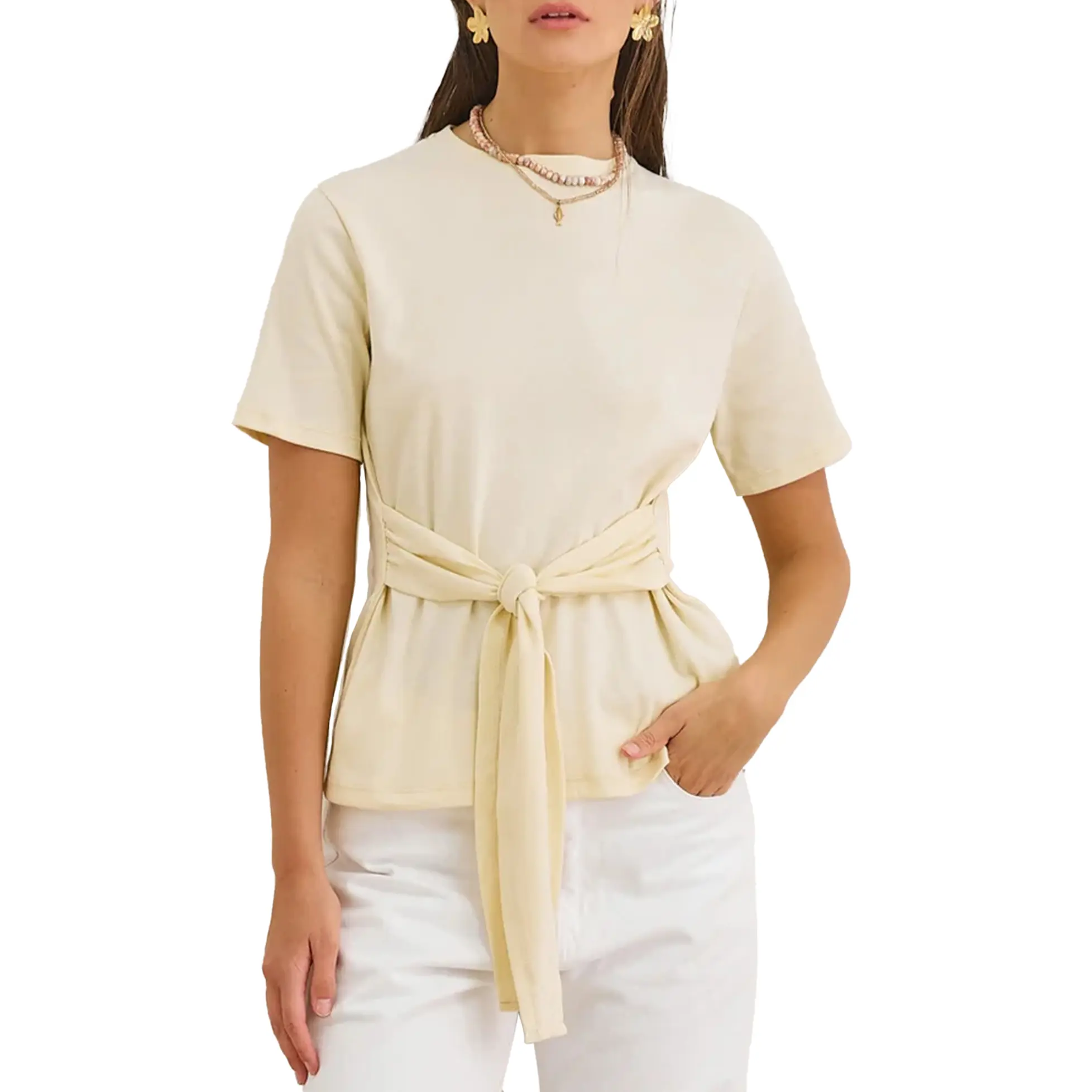 Songling Women's Short-Sleeve Round Neck T-Shirt - Cinched Tie-Knot Waist-Defining Loose-Fit Comfortable Summer Top, Elegant 1-Piece Fashion Shirt, Shortsleeve