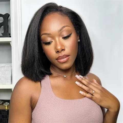 Mscoco Kinky Straight /Yaki Straight Bob Half Wig Flip Over Human Hair Wig Seamless Blend Natural Hairline