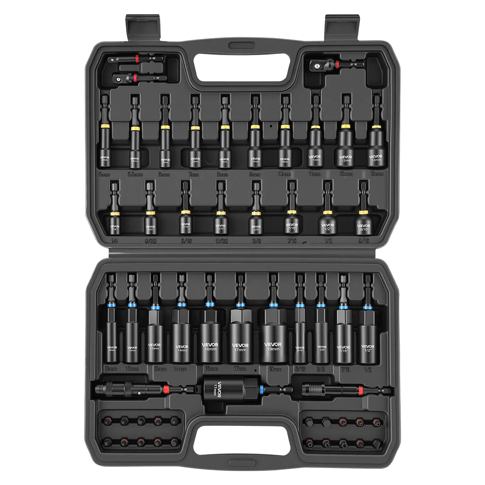VEVOR 55PCS Master Magnetic Impact Nut Driver Set - Metric & SAE Sizes, Bit Holder Adapter, Magnetic Stepped Hex Bit, Socket Adapters, Wing Nut Driver, Pivoting Nutsetter, Quick Release Extension, Storage Box, Bit Holder Adapter Nut Drivers, Magnetic Step